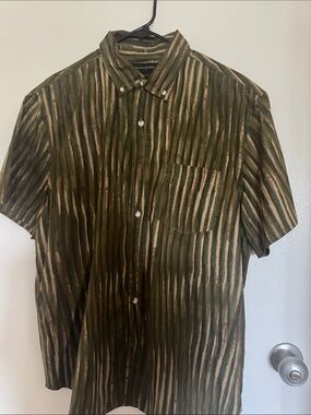 Banana Republic Olive Green and Beige Vertical Stripe Button-Down Shirt